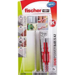 O91 Cheville Pour Plaque De Plâtre-Fischer DuoPower 8 x 65 S A2 Set de 2 chevilles bimatière avec 2 vis fraisées 5,0 x 80 A2