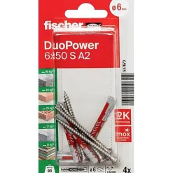 O91 Fischer DuoPower 6 x 50 S A2 - Set de 4 chevilles avec vis inox 6 mm, longueur 50 mm