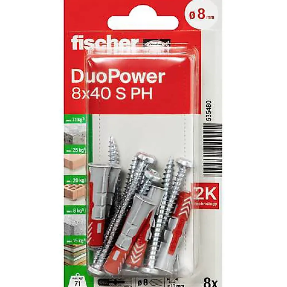 O91 Kit De Chevilles-Fischer DuoPower 8 x 40 S PH - Lot cheville et vis Panhead 8 pièces