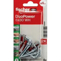 O91 Fischer DuoPower 6 x 30 WH Set de 6 chevilles nylon avec crochets coudés