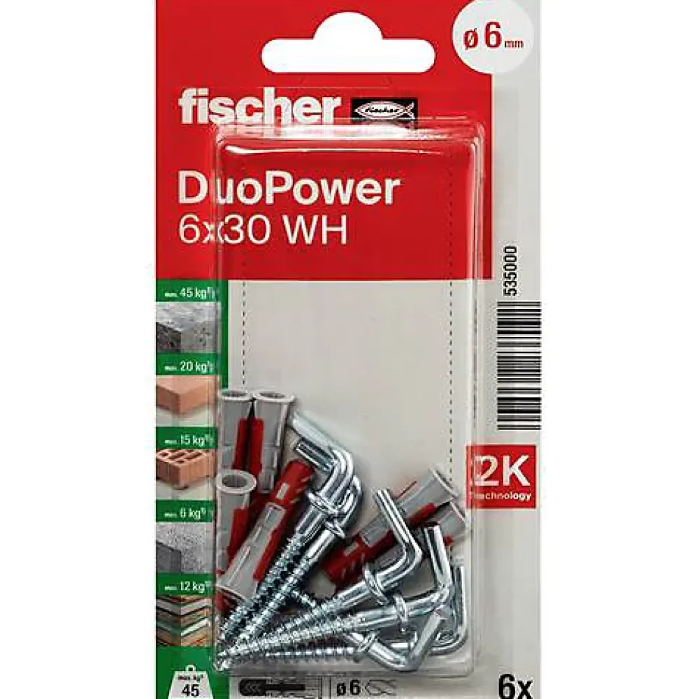 O91 Fischer DuoPower 6 x 30 WH Set de 6 chevilles nylon avec crochets coudés