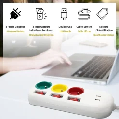 Fishtec - Multiprise Trio Color - 3 prises avec interrupteurs + 2 ports USB - Câble 1,8 m - 3680W - ABS robuste