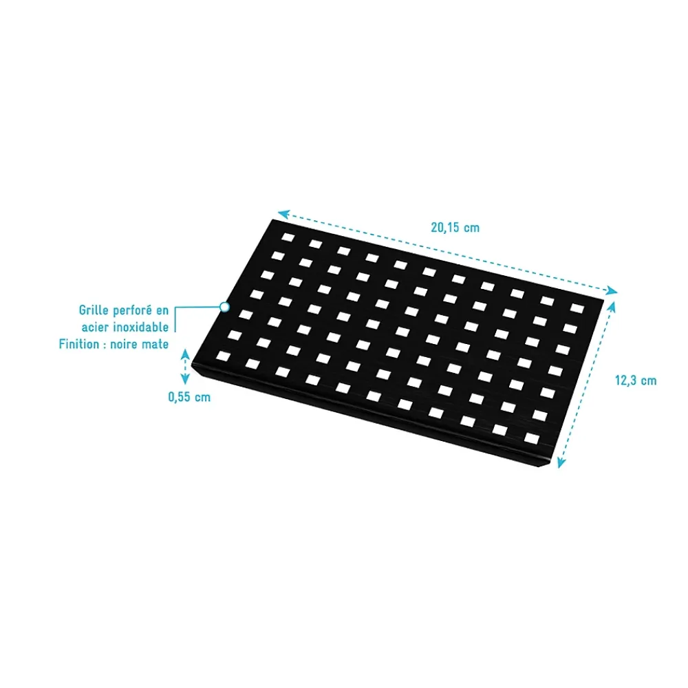 Aurlane Evacuation De Douche-Grille perforée en inox Noir Mat pour receveur - 20.15x12.3x0.55cm - ROCK 2 GRID DRILL