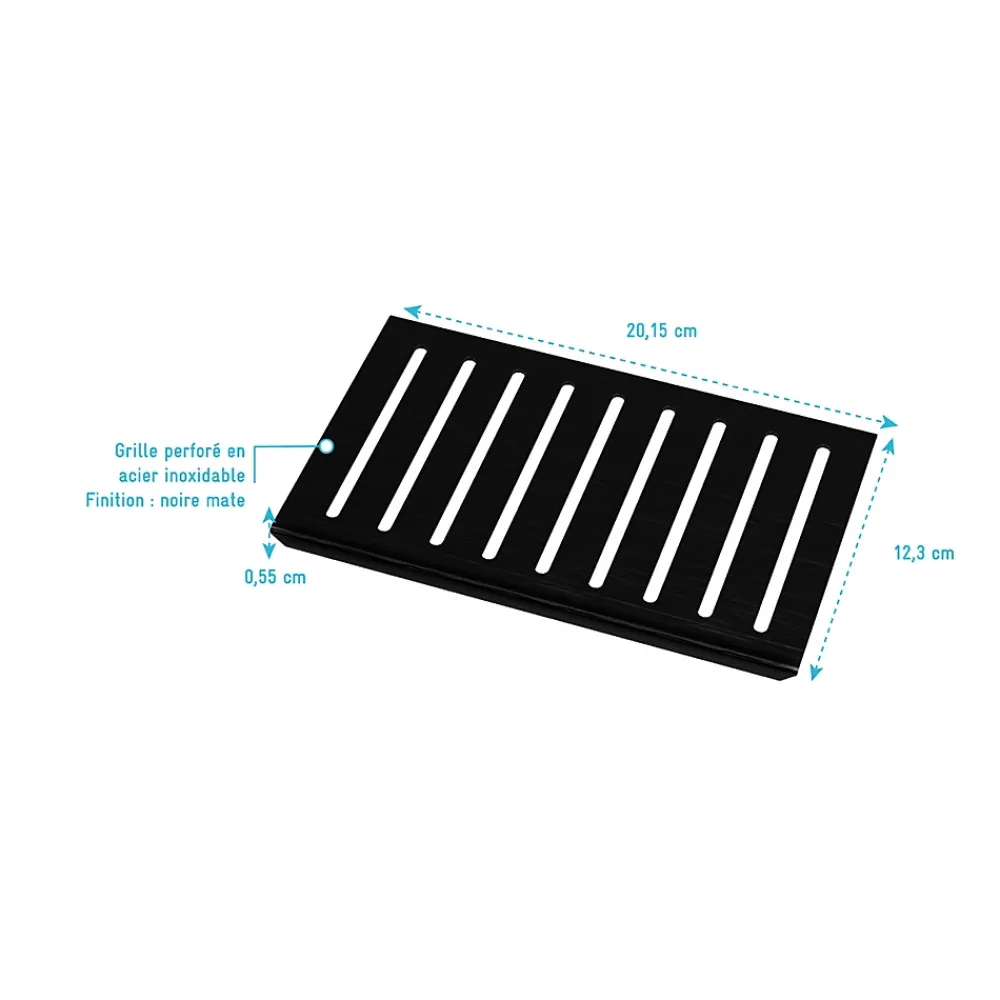 Aurlane Evacuation De Douche-Grille rainurée en inox Noir Mat pour receveur - 20.15x12.3x0.55cm - ROCK 2 GRID LINE