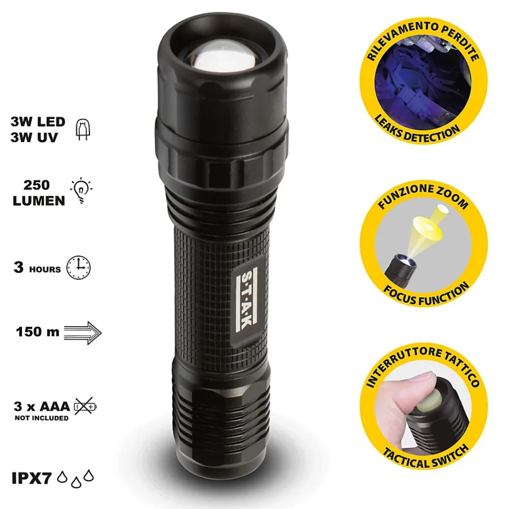 Stak Lampe Torche-HORATIO : Torche 3W LED + UV. Fonction zoom. En aluminium.