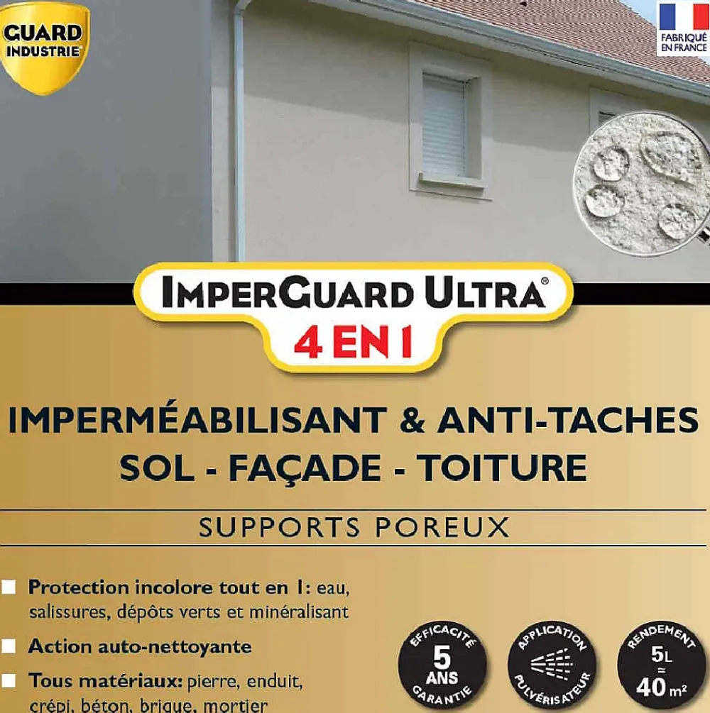 Guard Industrie ImperGuard Ultra 4 en 1 Imperméabilisant HydrofugeAnti Dépôts Verts Durcisseur Certifié Contact Alimentaire 5L 40 m2