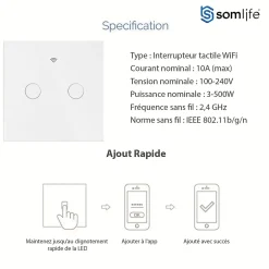 Somlife Interrupteur connecté tactile double application tuya smart life Compatible avec Alexa/Google Home