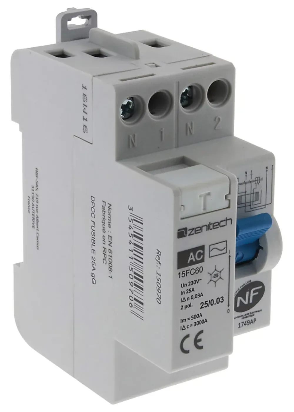 Zenitech Interrupteur Et Disjoncteur Différentiel-Interrupteur différentiel 25/2 30mA Type AC NF -