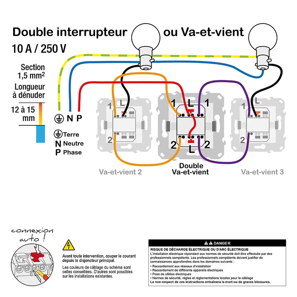 Schneider Electric Interrupteur Encastrable-Interrupteur double va-et-vient connexion rapide 10A Unica Déco aluminium