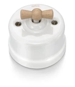 Fontini Interrupteur va-et-vient Garby Porcelaine blanche, manette hêtre naturel