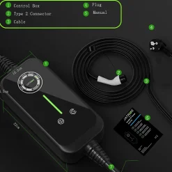 Jatrhg P1 chargeur portable réglable de 3,6kW à 1,5kW / 16A à 8A monophasé, 7m, type 2, pour véhicules électriques