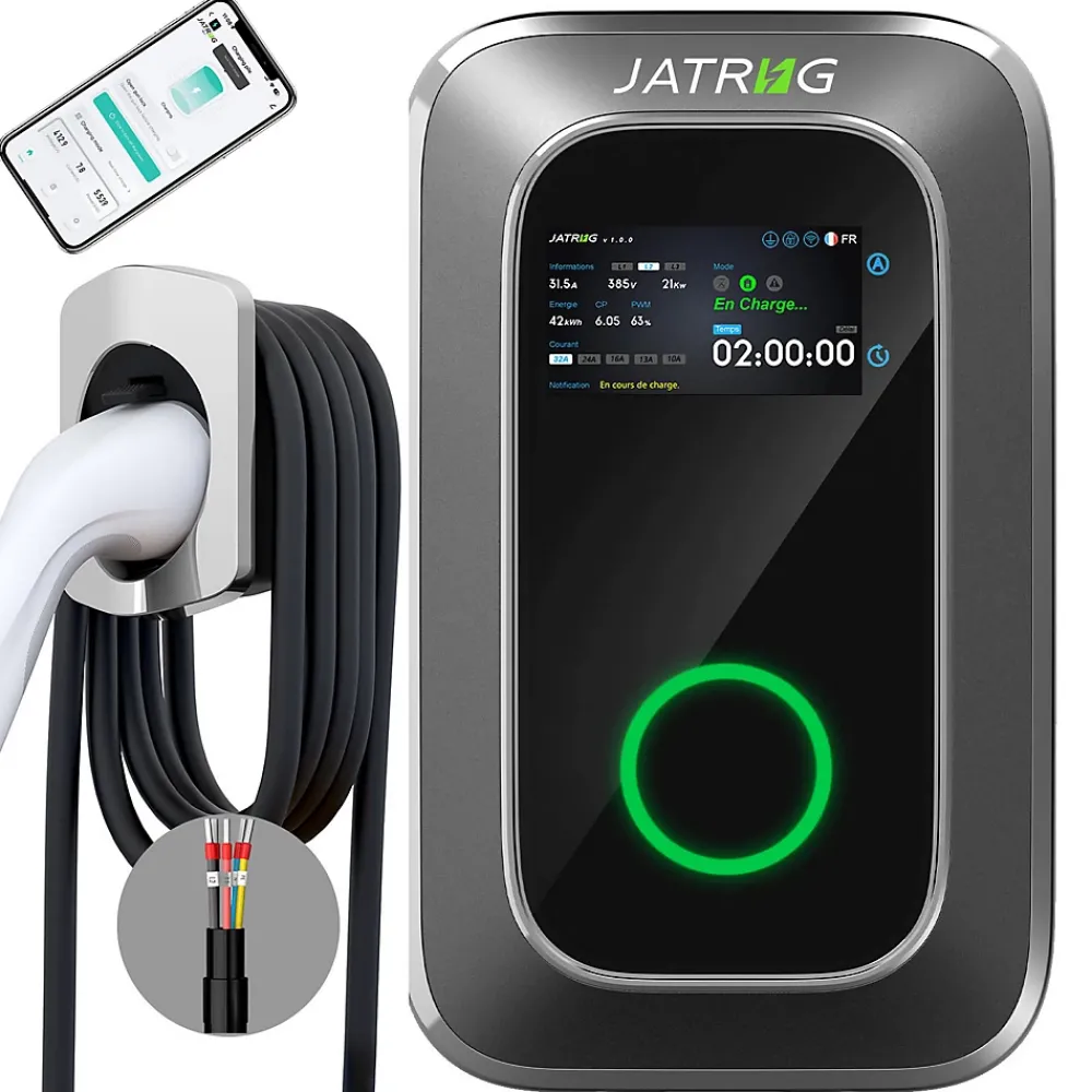 Jatrhg S1 borne de recharge IP66 pour véhicules électriques, 22 kW / 32 A, triphasé, avec câble type 2 de 12 m
