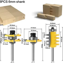 Deko Jeu de 3 mèches de burin en carbure à tige de 6mm, coupe-langue et rainure à 3 cannelures, outils de menuiserie en forme de T pour