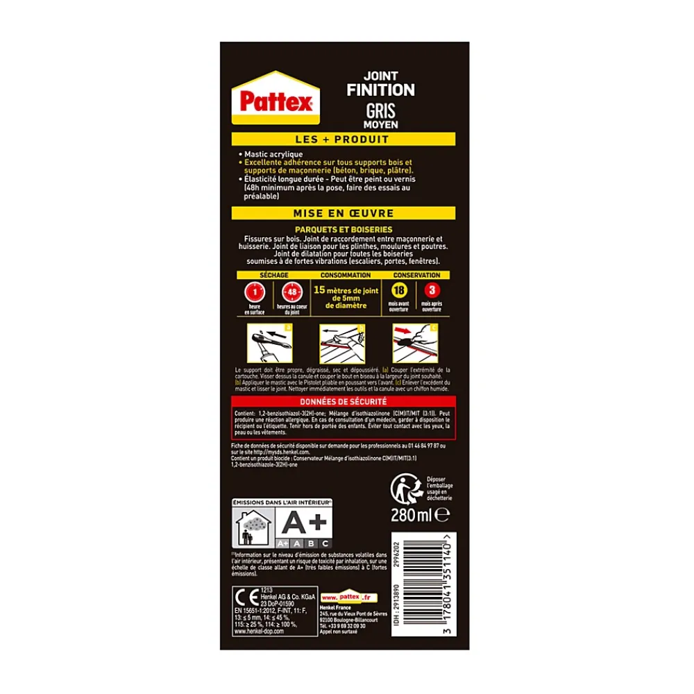 Pattex Mastic, Cartouche Joint Et Silicone-Joint de finition gris moyen 280ml