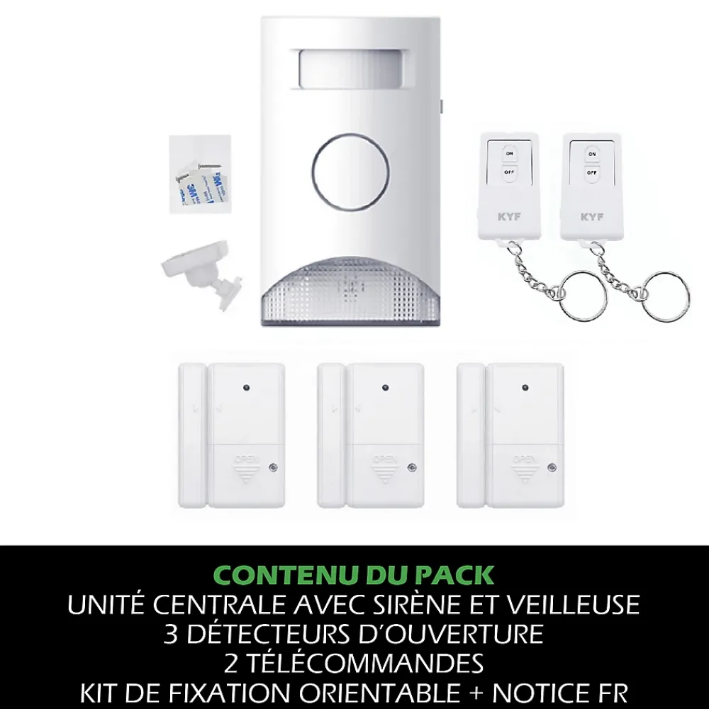 Kyf Kit Alarme autonome détection de mouvement Eclairage alerte intégré détecteur ouverture x3 et télécommande x2