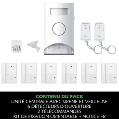 Kyf Alarme Sans Fil-Kit Alarme autonome détection de mouvement Eclairage alerte détecteur ouverture et télécommande