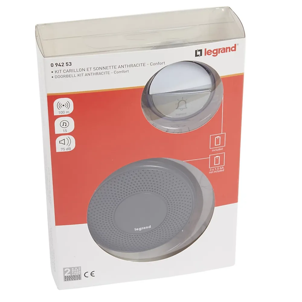 Legrand Sonnette Et Carillon-Kit Confort carillon et sonnette sans fil avec 15 mélodies alimentation par piles - anthracite