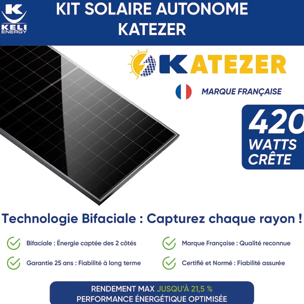 Keli France Kit Solaire KATEZER Connecté W - Prêt à Brancher - PV Bifacial - Installation Facile - Suivi Direct - Pose : Sol, Mur, Balcon