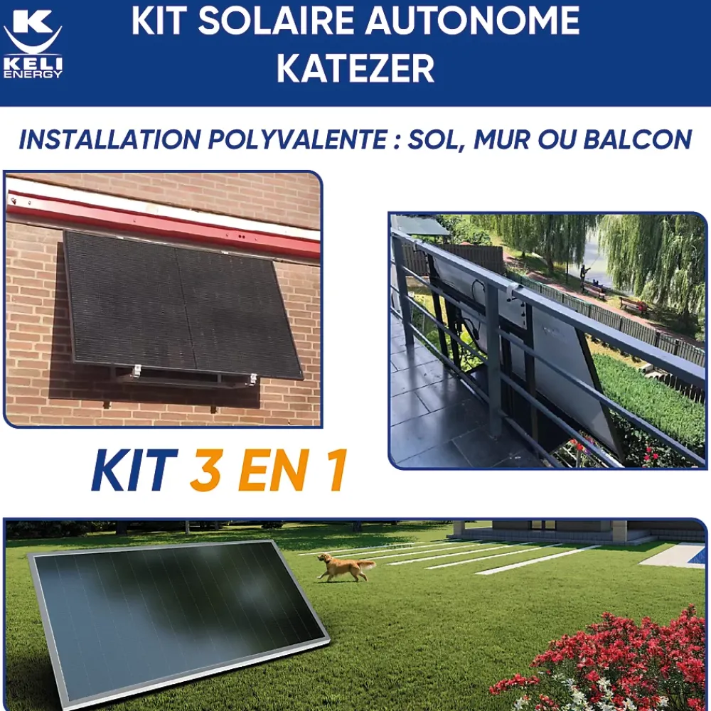 Keli France Kit Solaire KATEZER Connecté W - Prêt à Brancher - PV Bifacial - Installation Facile - Suivi Direct - Pose : Sol, Mur, Balcon