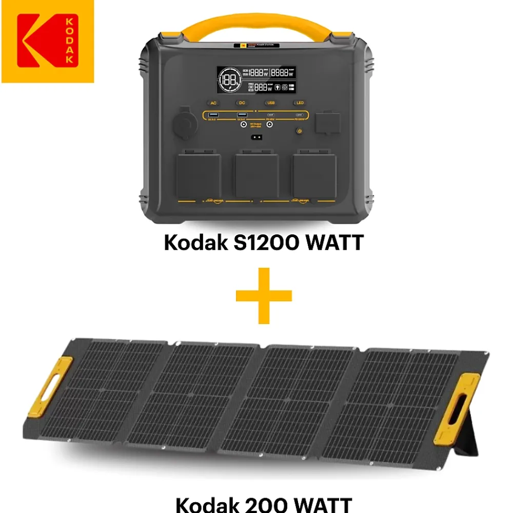 Kodak Kit Station d'Énergie Portable S1210 + Panneau Solaire 200W - Batterie 1102Wh - Multiport&Prises - Pour Camping Urgence