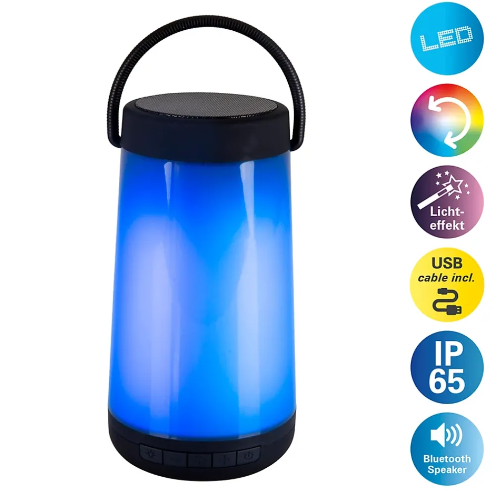 Näve Lampe de table LED avec haut-parleur BT 'FESTA' pour l'extérieur en plastique noir avec LED intégrées, hauteur 18 cm
