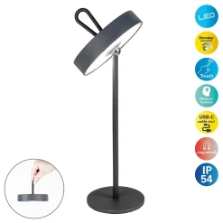 Näve Baladeuse-Lampe de table LED rechargeable magnétique 'ELLA' pour l'extérieur et l'intérieur, en métal et plastique gris, hauteur 35 cm