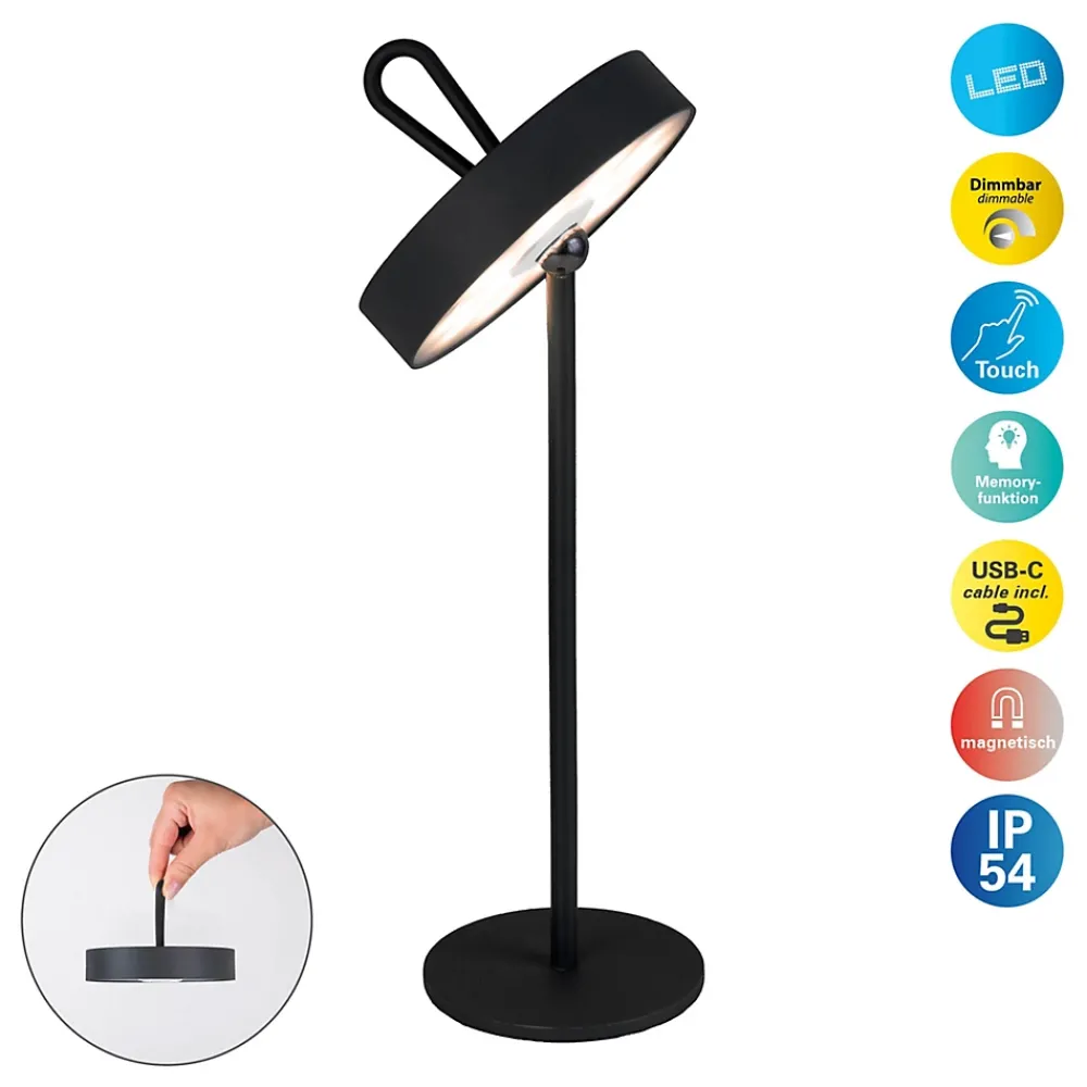 Näve Lampe de table LED rechargeable magnétique 'ELLA' pour l'extérieur et l'intérieur, en métal et plastique noir, hauteur 35 cm