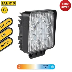 Stak Lampe de travail carrée 12/24 V, 27 W et 1 800 lumens, IP67. Noir