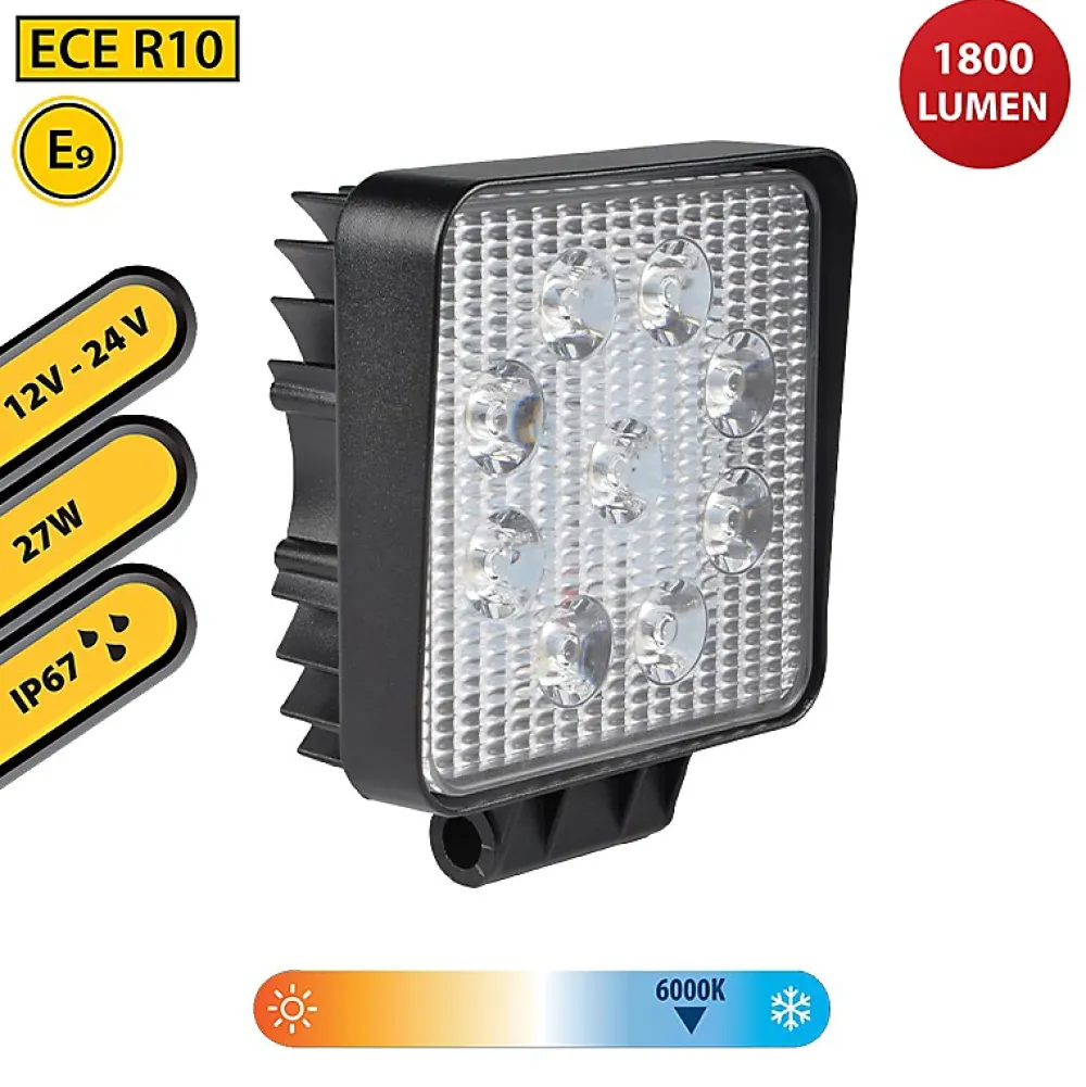 Stak Lampe de travail carrée 12/24 V, 27 W et 1 800 lumens, IP67. Noir