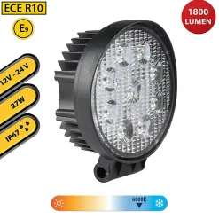 Stak Lampe de travail ronde 12/24 V, 27 W et 1 800 lumens, IP67. Noir
