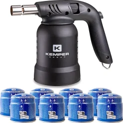 Kemper Lampe À Souder-Lampe à souder à gaz Professionnelle Utilisation 360 degrés Chalumeau gaz Allumage piezo + 8 Cartouches gaz Perçables