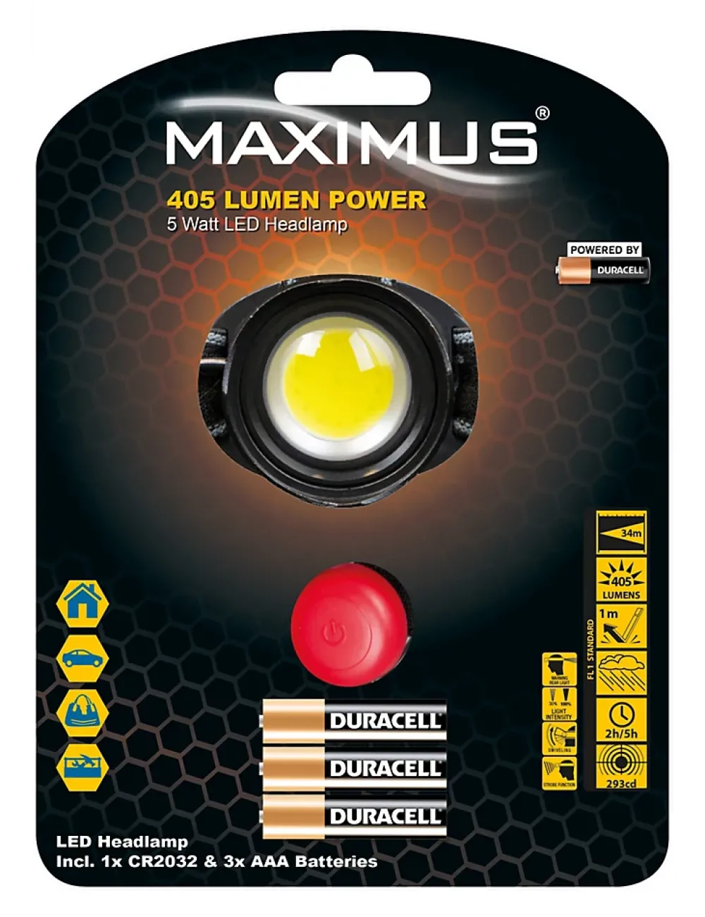 Maximus Lampe torche frontale Powered by Duracell M-FL-006-DU - 405lm