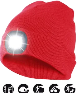 Velamp Lampe Frontale-LIGHTHOUSE: Bonnet avec lampe frontale LED rechargeable. Rouge