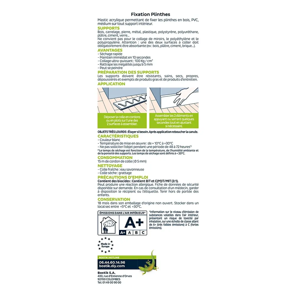 Bostik Lot 3 colle parquets Fixation Plinthes 310ml