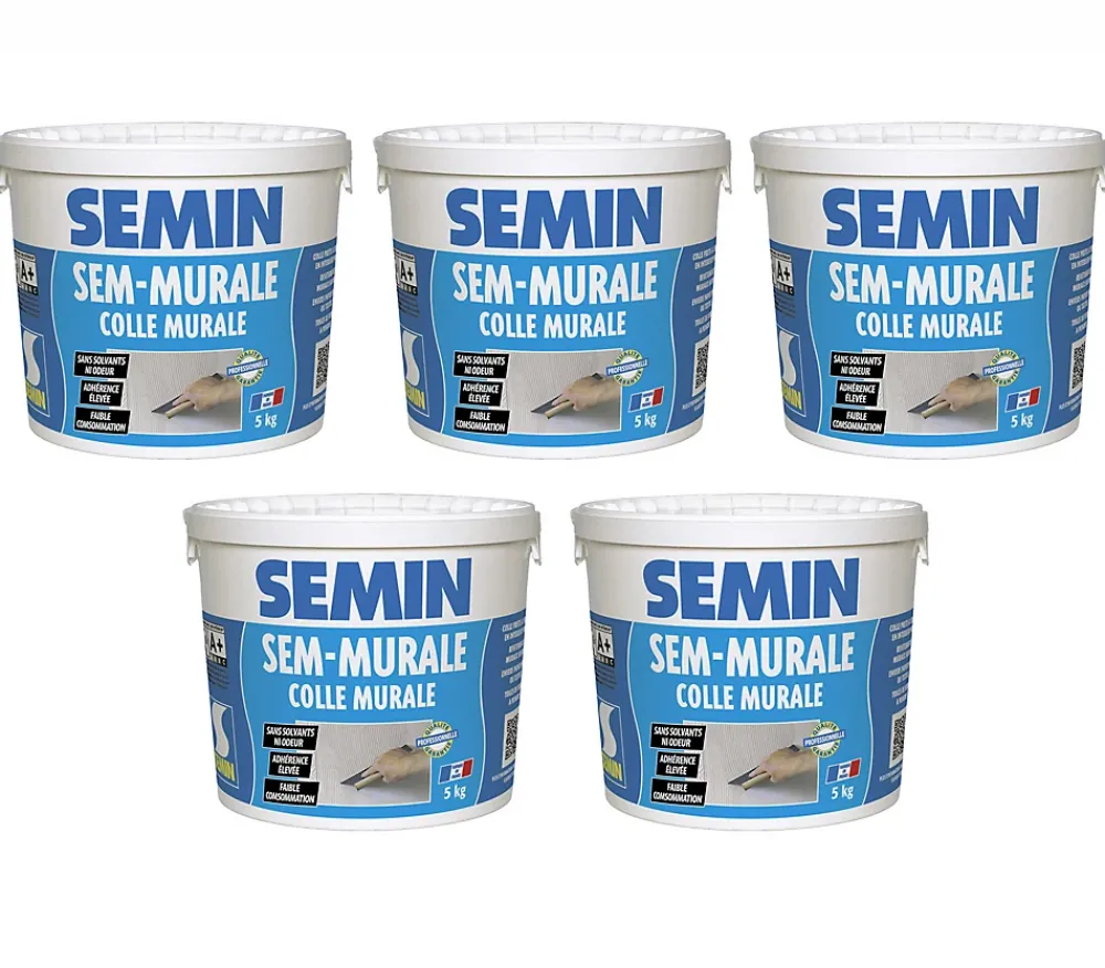 Semin Colle Papier Peint-Lot de 5 Colles pour Toiles de Verre et Revêtements Muraux Légers Sem Murale, Prêt à l'Emploi, Seau 5 kg