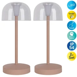 Näve Lot de 2 lampes de table LED rechargeables Gomba extérieur intérieur métal plastique Frosted Almond hauteur 18,5cm