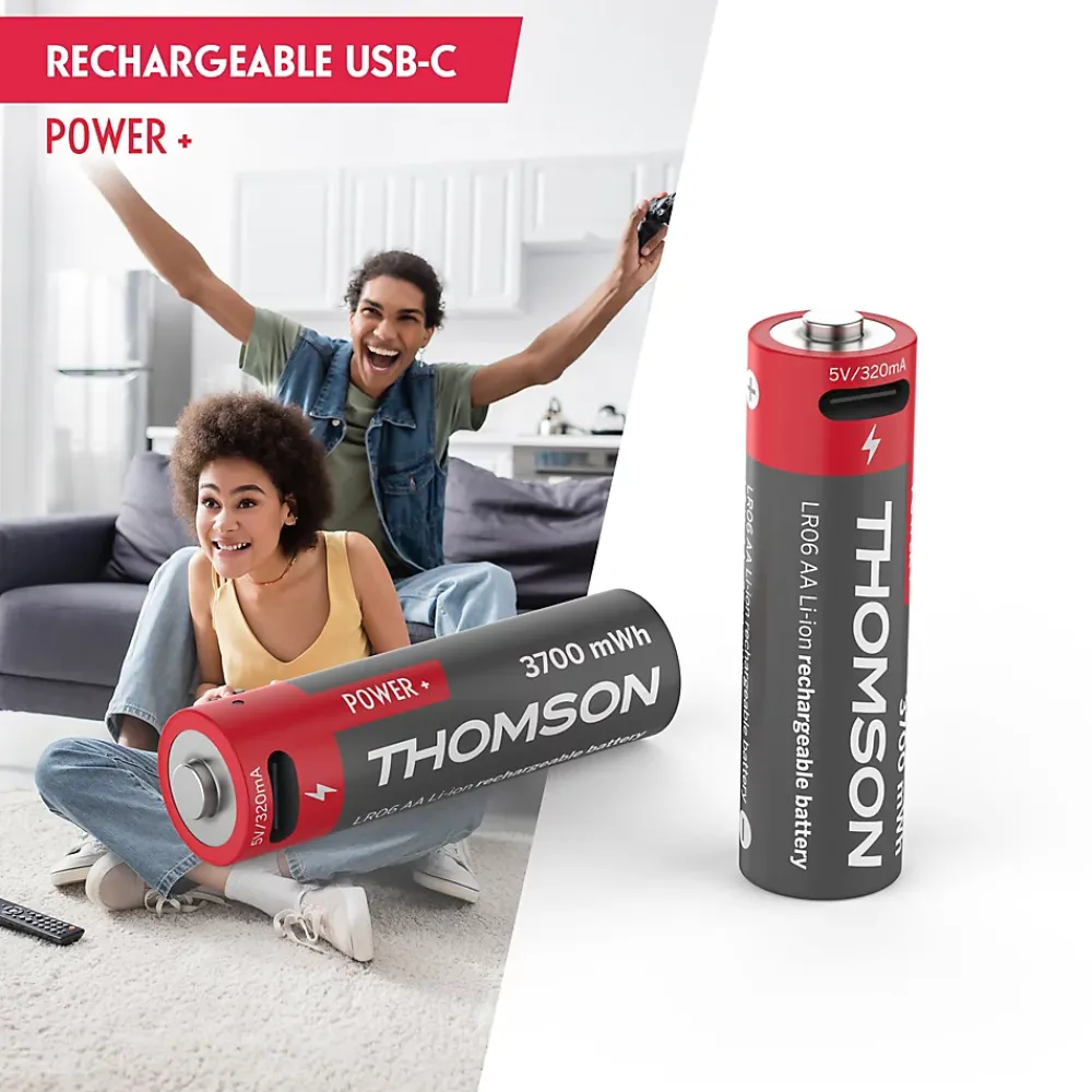 Thomson Pile Rechargeable-Lot de 4 Piles AA - LR06 Li-ion 1,5V rechargeables par USB-C avec câble multi USB - 520300