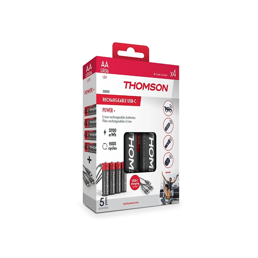 Thomson Pile Rechargeable-Lot de 4 Piles AA - LR06 Li-ion 1,5V rechargeables par USB-C avec câble multi USB - 520300
