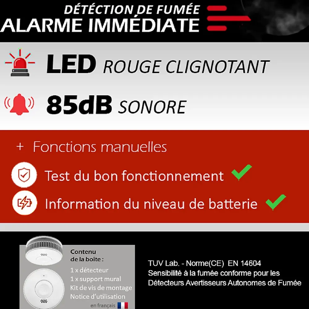 Kyf Détecteur De Fumée|Détecteur De Fumée-Lot de 2x Détecteur de fumée CE Pile 10 ans scellée connecté Wifi