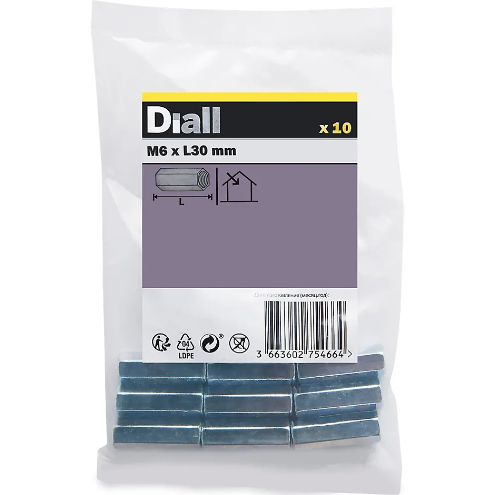 Diall Manchon tête hexagonale zingué ø 6 x 30 mm - 10 pièces