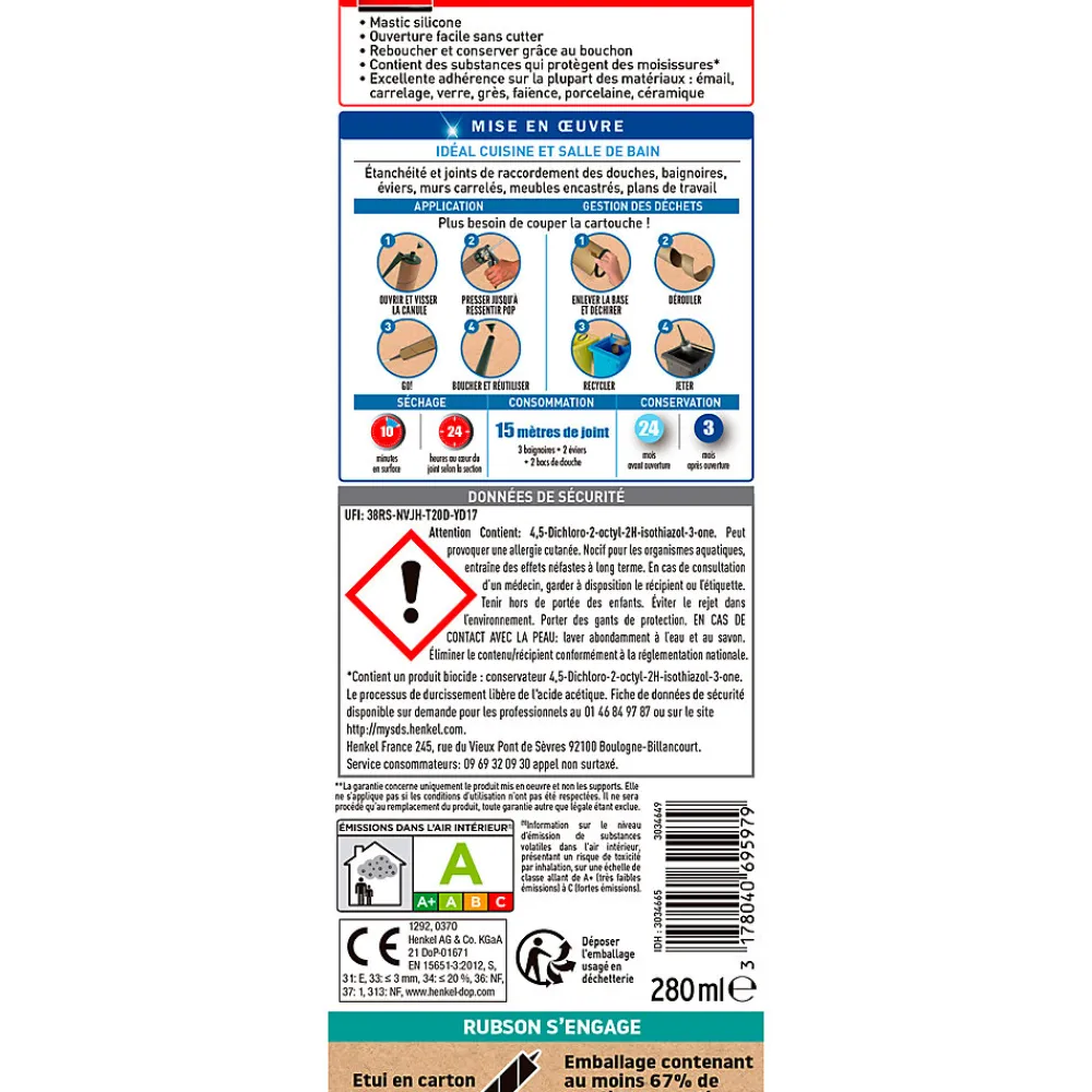 Rubson Mastic, Cartouche Joint Et Silicone-Mastic bain et cuisine transparent 280ml