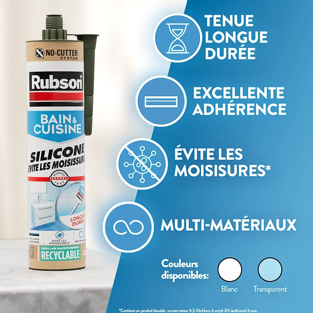 Rubson Mastic, Cartouche Joint Et Silicone-Mastic bain et cuisine transparent 280ml