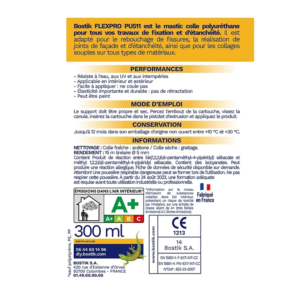 Bostik Mastic, Cartouche Joint Et Silicone-Mastic colle haute performance Flexpro pu 511 300 ml blanc