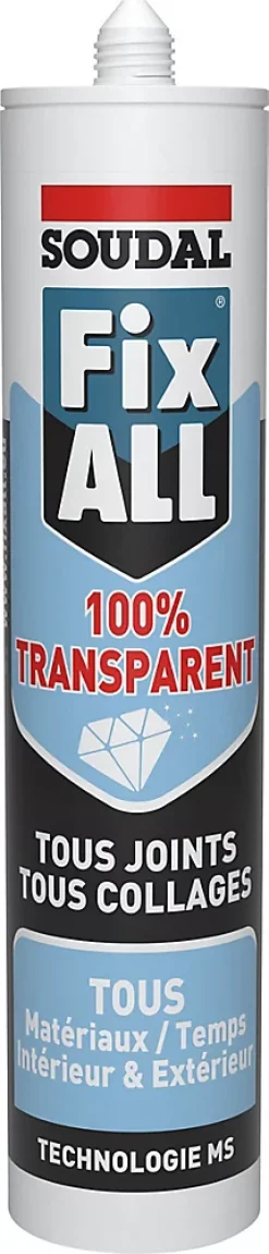 Soudal Mastic, Cartouche Joint Et Silicone-Mastic colle Fixall 100% transparent 290ml