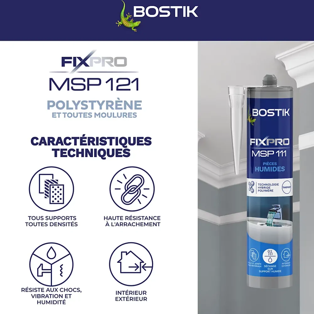 Bostik Mastic, Cartouche Joint Et Silicone-Mastic colle spécial polystyrène et moulures blanc Fixpro MSP 121, cartouche de 290 ml
