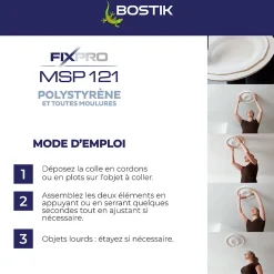 Bostik Mastic, Cartouche Joint Et Silicone-Mastic colle spécial polystyrène et moulures blanc Fixpro MSP 121, cartouche de 290 ml