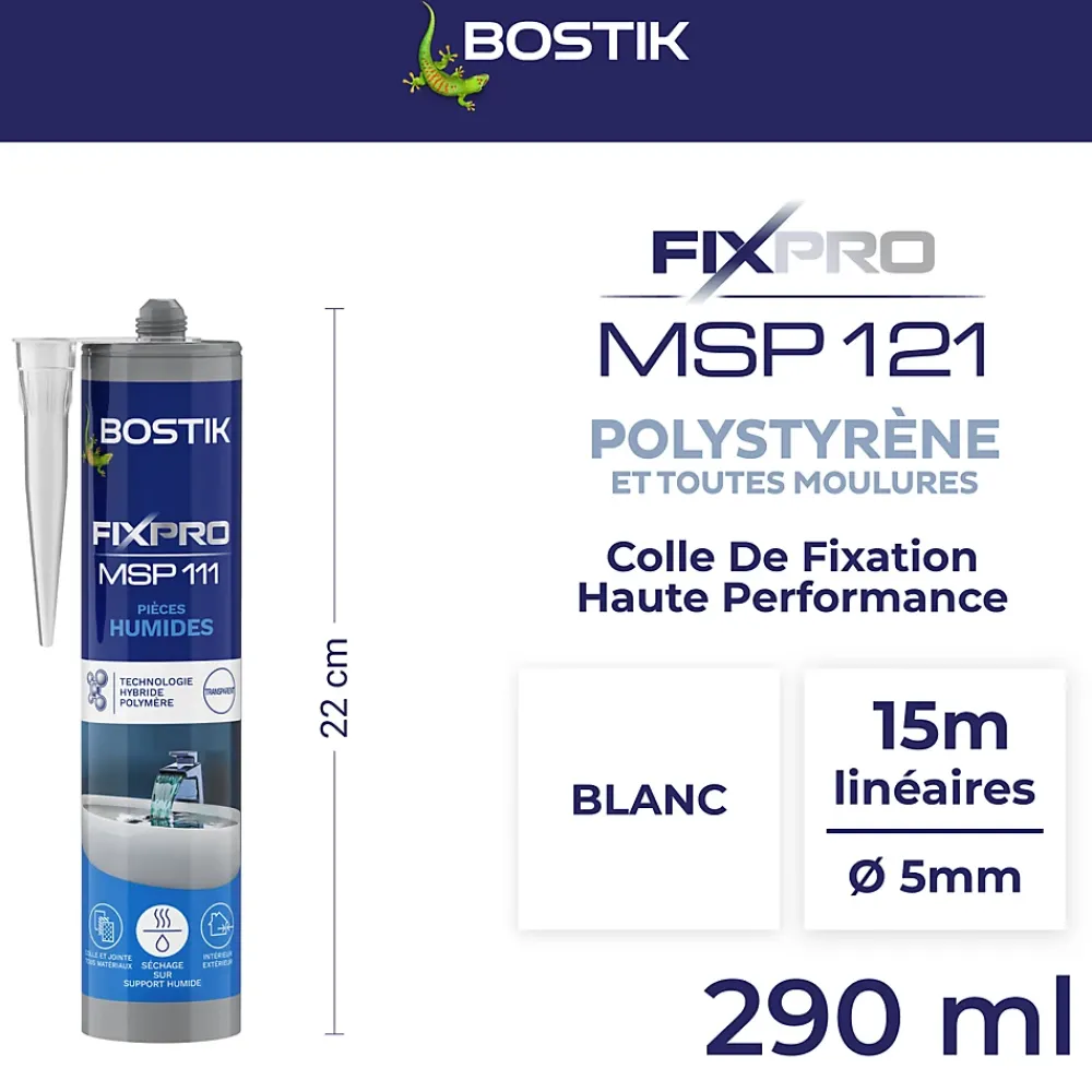 Bostik Mastic, Cartouche Joint Et Silicone-Mastic colle spécial polystyrène et moulures blanc Fixpro MSP 121, cartouche de 290 ml