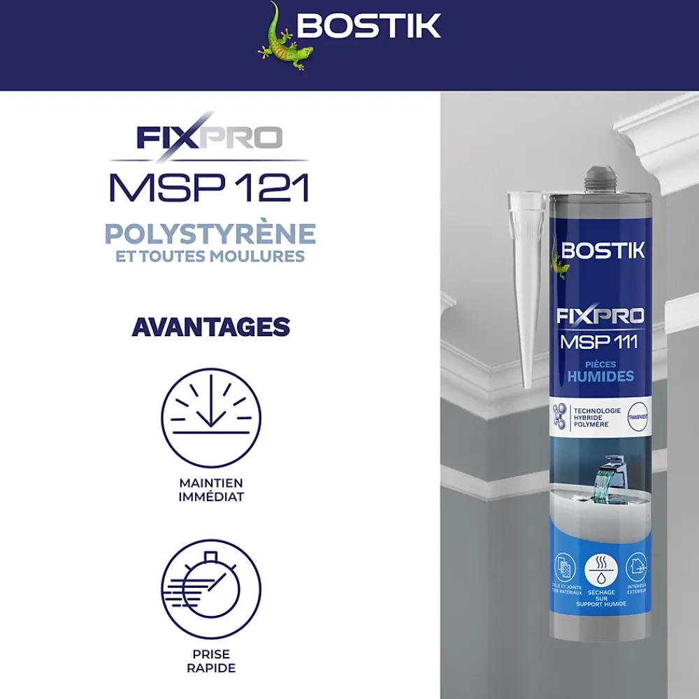 Bostik Mastic, Cartouche Joint Et Silicone-Mastic colle spécial polystyrène et moulures blanc Fixpro MSP 121, cartouche de 290 ml