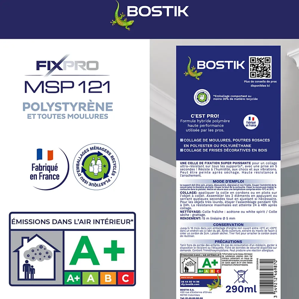 Bostik Mastic, Cartouche Joint Et Silicone-Mastic colle spécial polystyrène et moulures blanc Fixpro MSP 121, cartouche de 290 ml