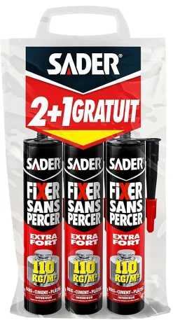 Sader Colle-Mastic de Fixation Fixer Sans Percer Extra Fort Lot de 2 Cartouches 310 ml + 1 Gratuite